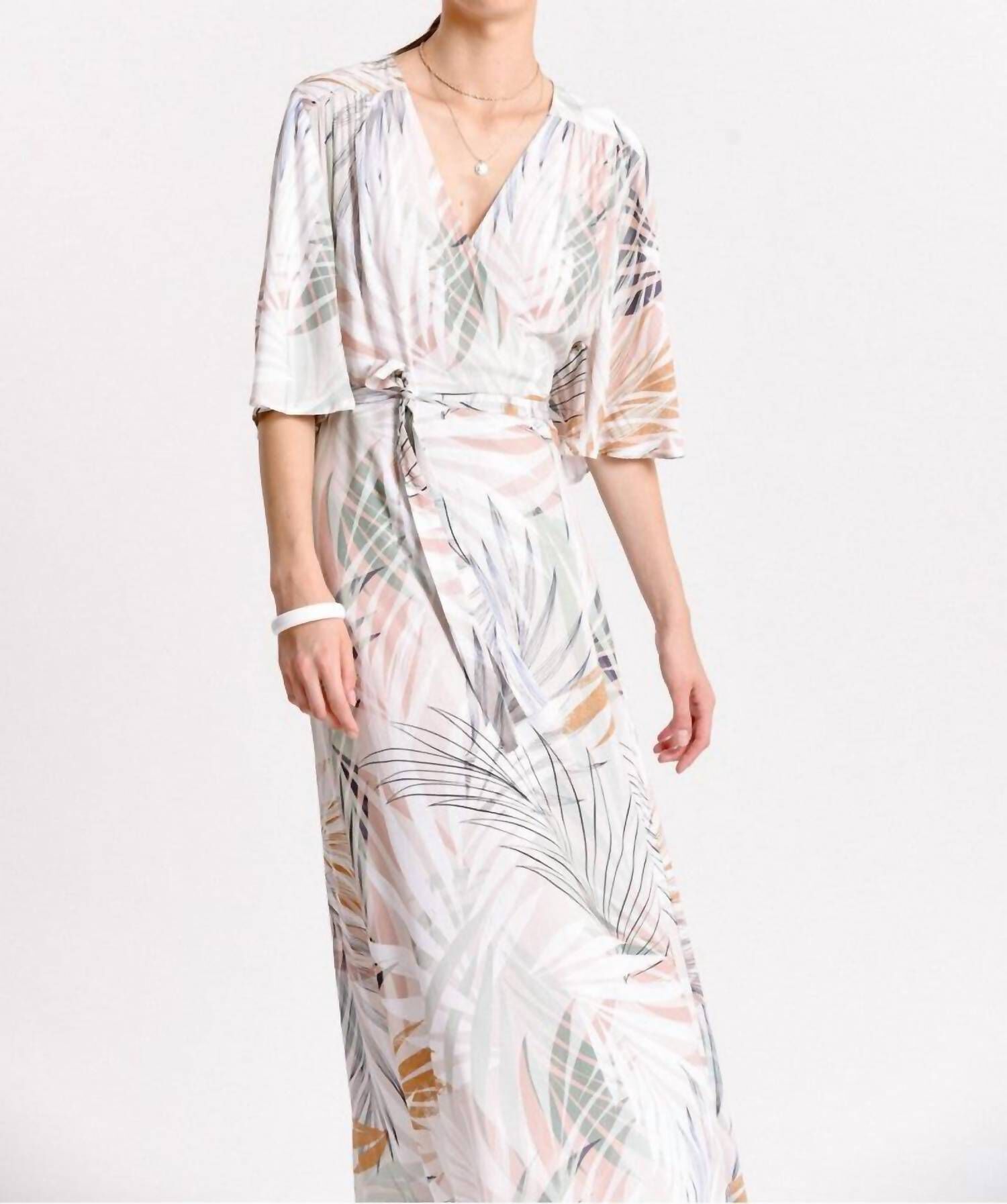PRINTED SUNSET PALM WRAP DRESS IN BEIGE PALM BEACH, Beige Palm Beach / Beige, alternate image number 1
