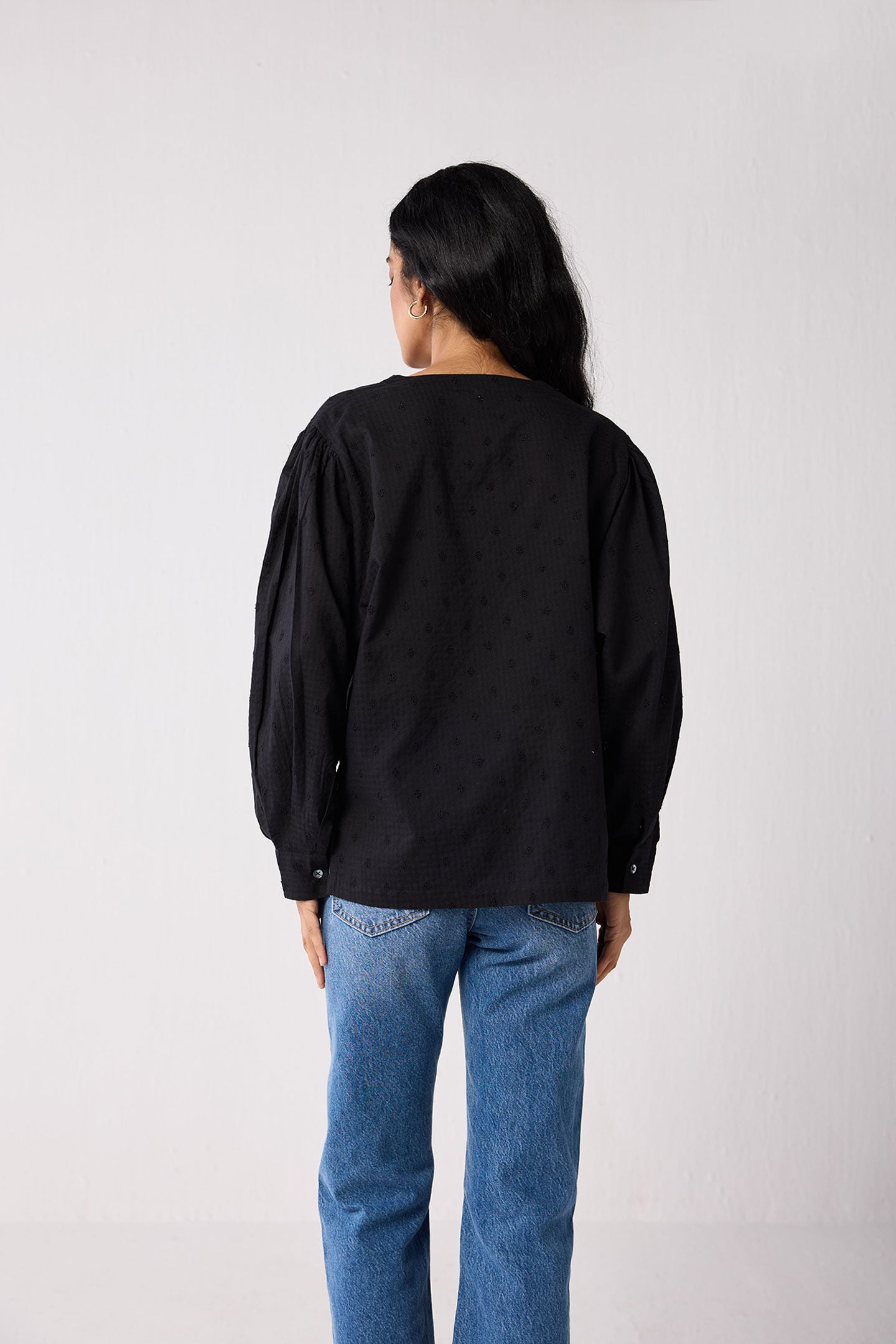 Embroidered Shirt with Long Balloon Sleeves in Black, Black / Black, alternate image number 2