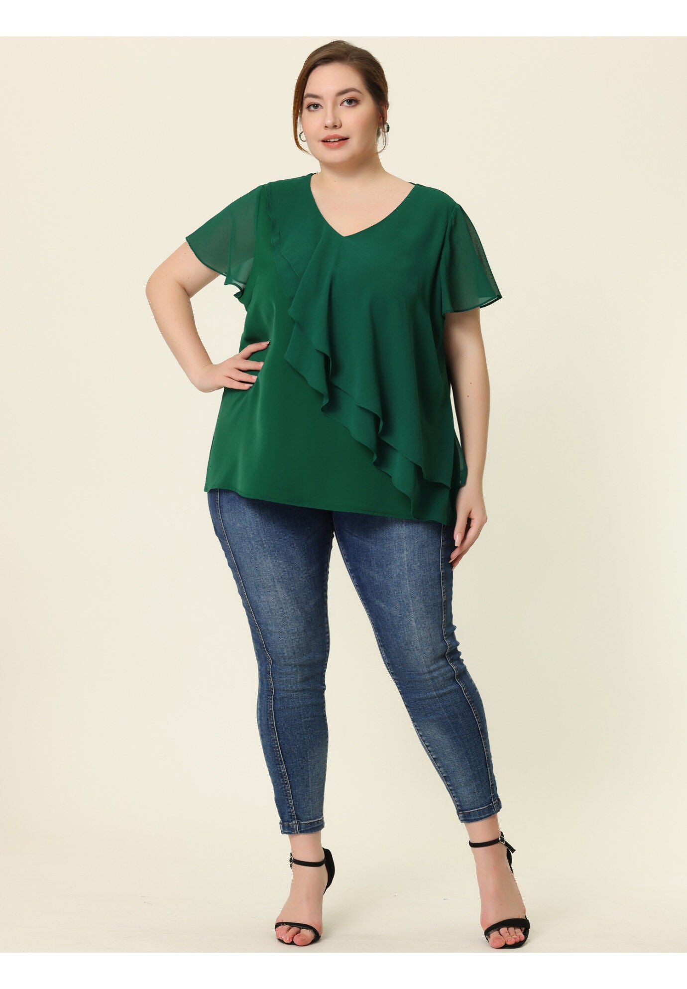 Flutter Sleeves Blouse V Neck Layer Chiffon Ruffle Top, Green / Forest Green, hi-res image number 0