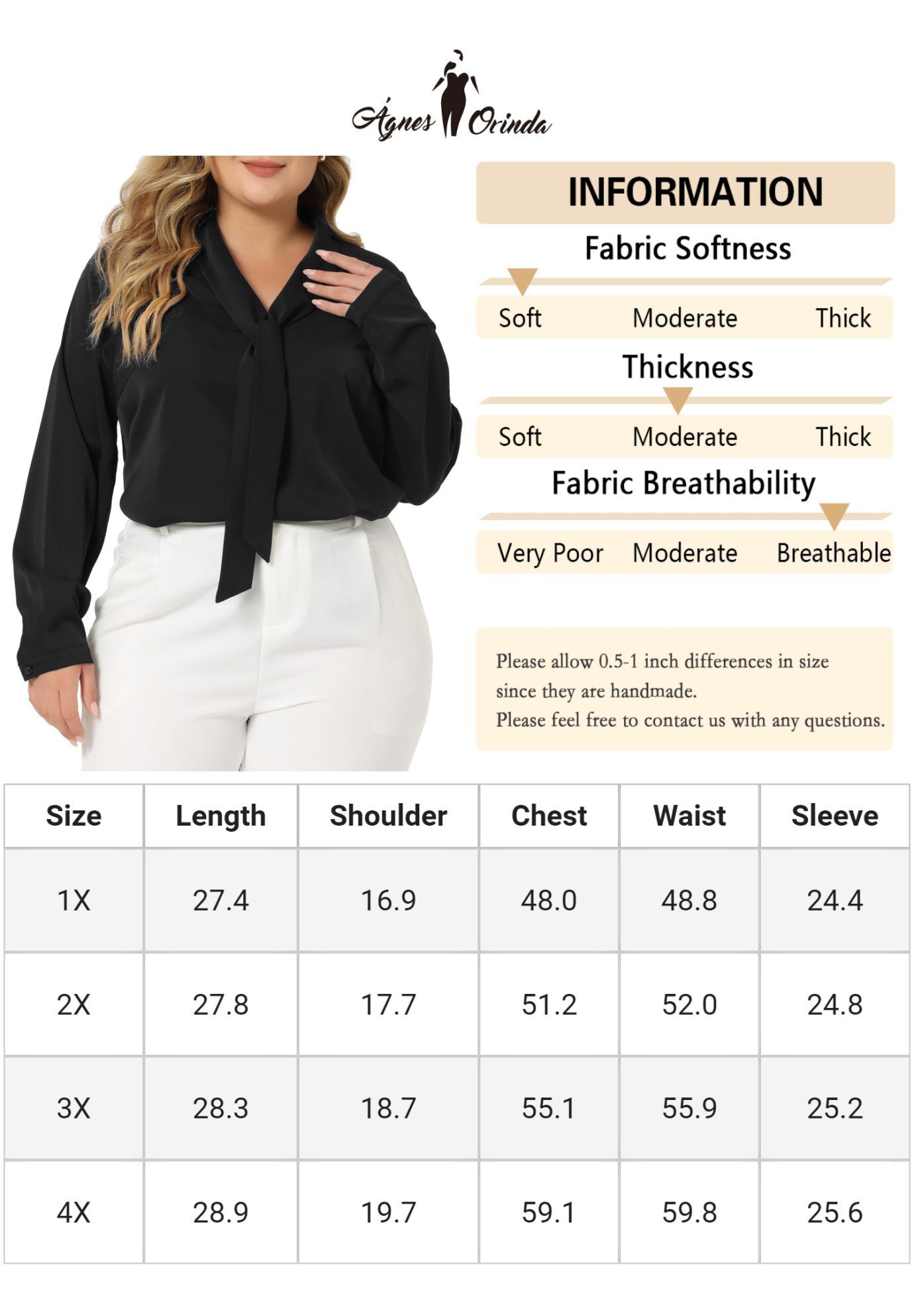 Long Sleeve Tie V Neck Chiffon Blouse, Black / Black, alternate image number 3