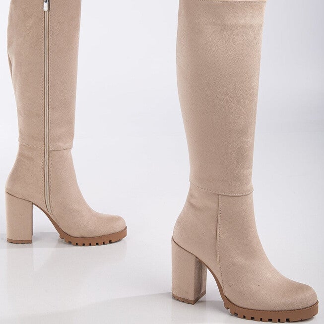 ALIZE - BEIGE SUEDE WIDE CALF PLATFORM BOOTS, BEIGE / Beige, alternate image number 1