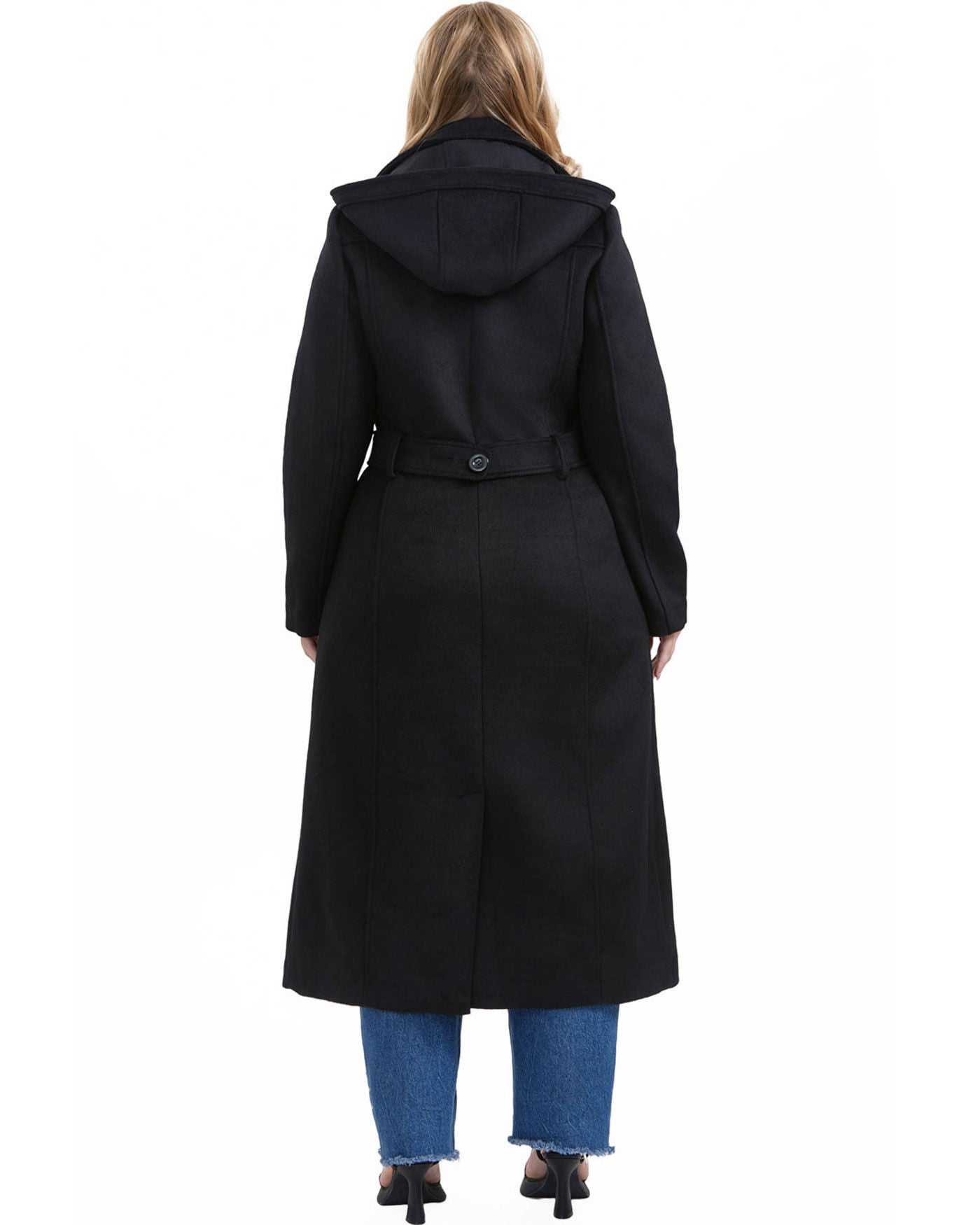 Double -Breasted Hooded Wool Blend Long Coat, Black, alternate image number 4