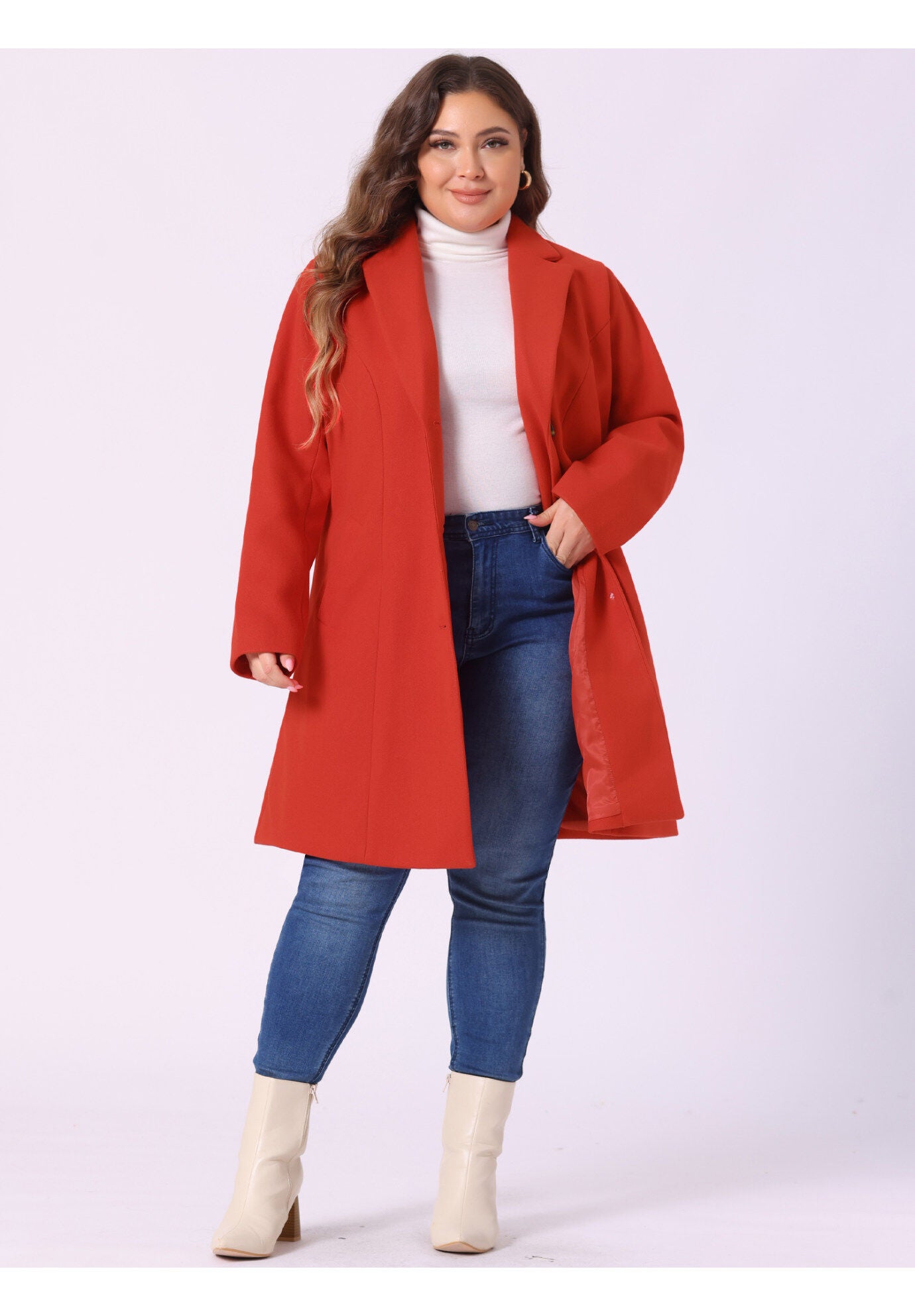 SINGLE BREASTED NOTCHED LAPEL LONG WINTER COAT, Red / Red, hi-res image number 0