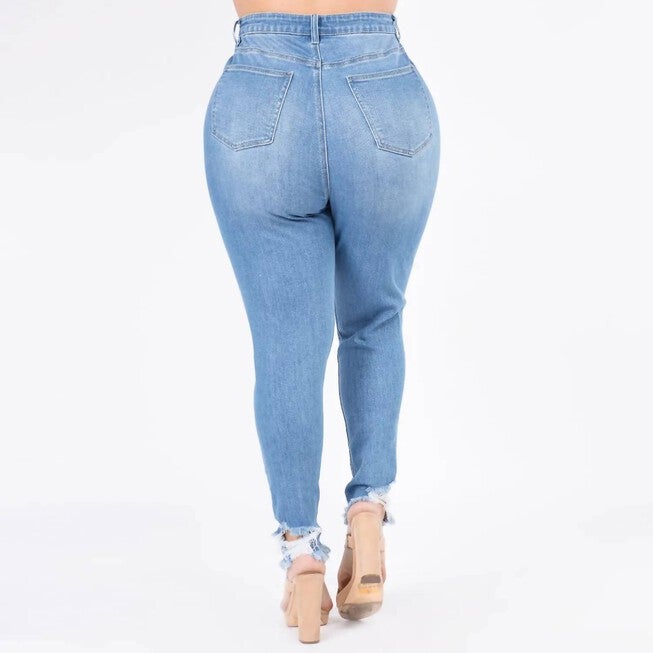 HIGH WAIST DISTRESSED SKINNY JEANS IN BLUE, Blue / Light Wash, alternate image number null
