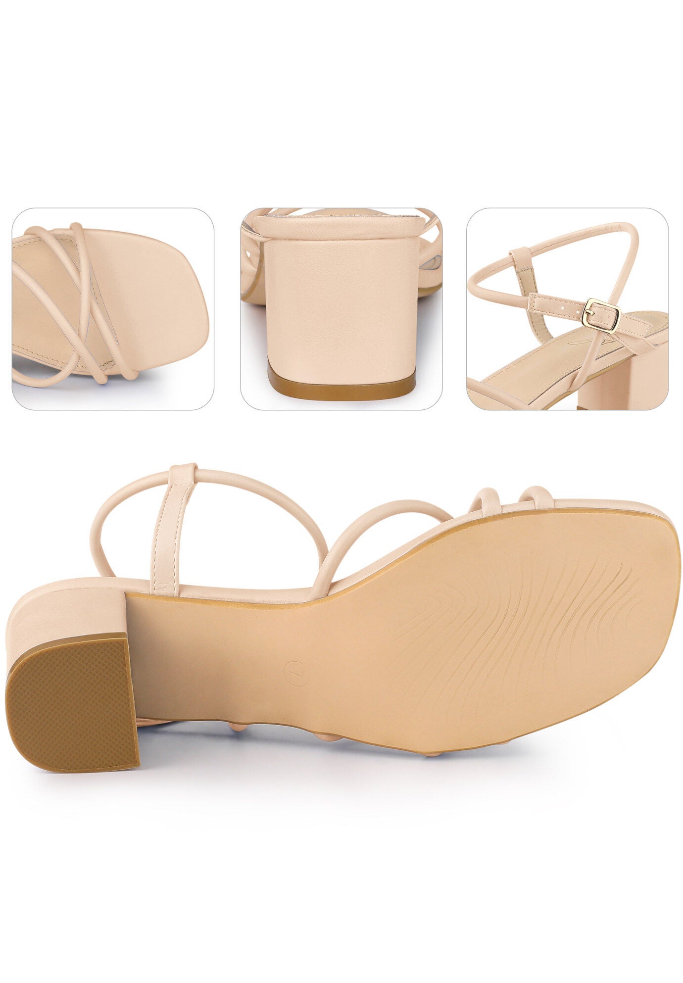 Strappy Heels Square Toe Slingback Chunky Heel Sandals, Beige / Beige, alternate image number 2