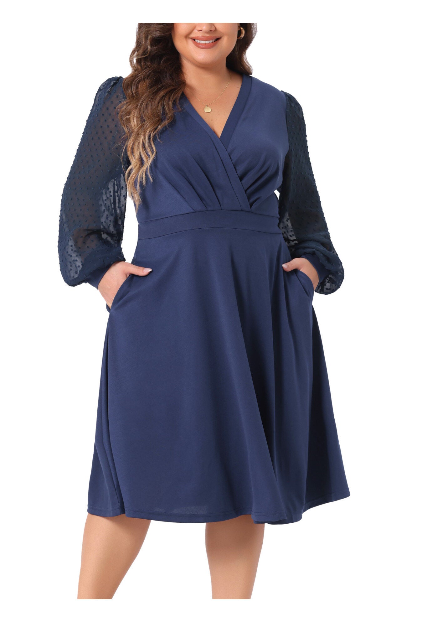 Long Sleeve Swiss Dots Formal Knee Length Dress, Navy Blue / Navy, alternate image number 2