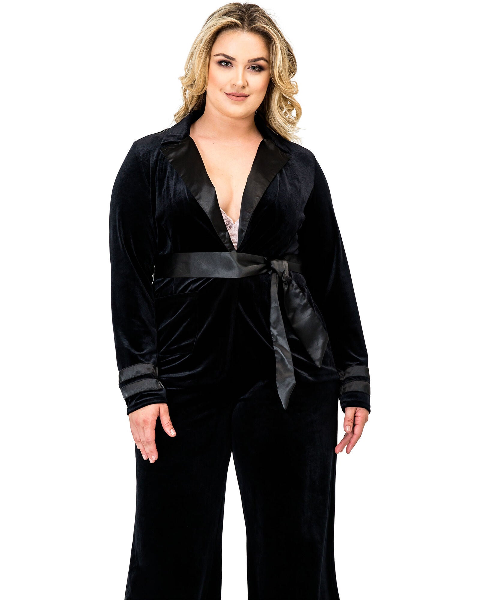 Plus Size Lottie Stretch Velvet Wrap Smoking Jacket With Satin Lapel And Satinbelt, Black / Black, hi-res image number 0