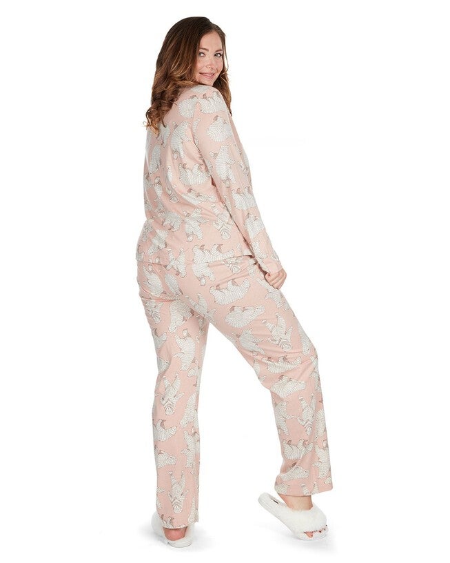 Women's Cotton Blend Polar Bears Notch Collar Pajama Set, Pink / Pink, alternate image number 1