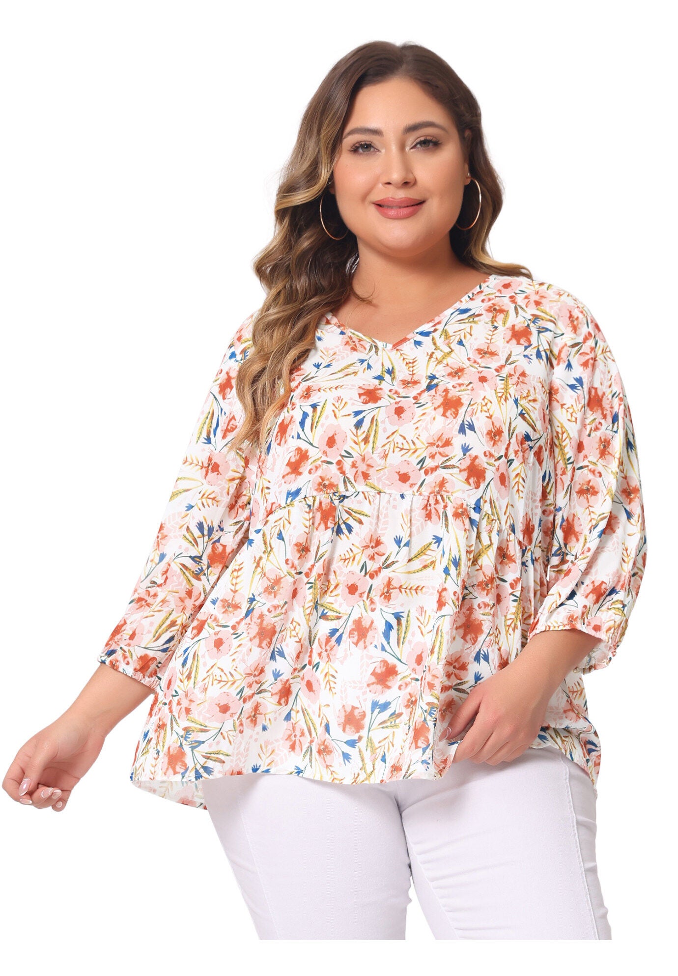 V Neck Babydoll Flowy 3/4 Lantern Sleeve Floral Blouse, White Pink / White, alternate image number 2