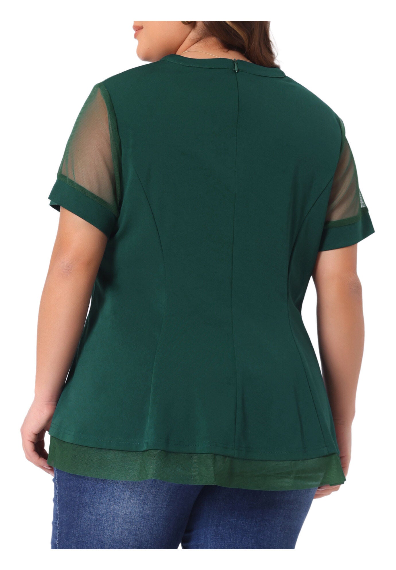 ROUND NECK SHORT SLEEVE MESH SHEER SUMMER PEPLUM TOP, Dark Green / Forest Green, alternate image number 3