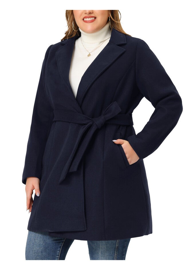 Notched Lapel Tie Waist Peacoat Long Trench Jackets, Navy Blue / Navy, alternate image number 1