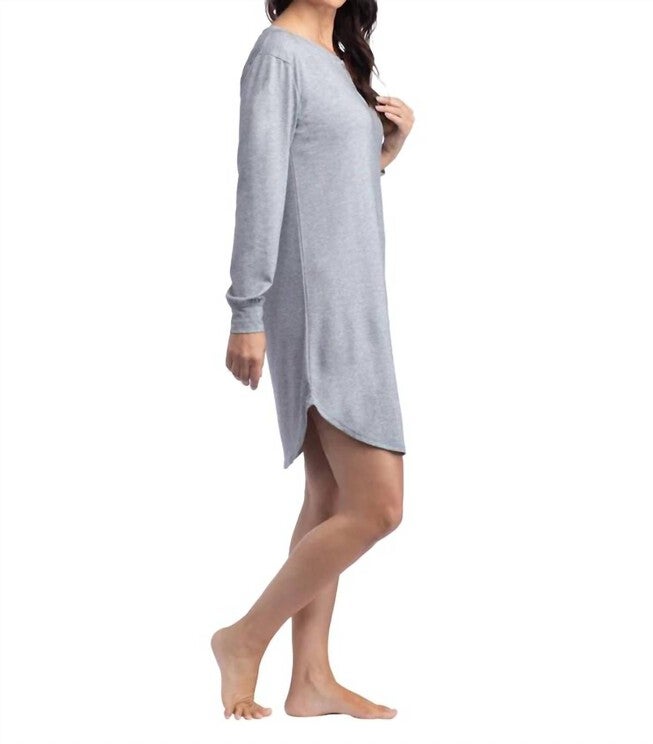 HANNAH - 36 inches LS HENLEY SLEEP SHIRT IN HEATHER GREY, Heather Grey / Cool Gray, alternate image number null