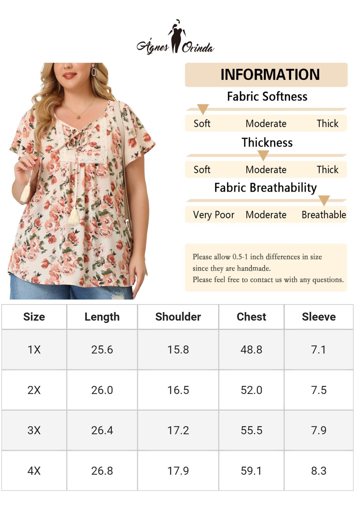 Short Sleeve Boho Top Floral Print Blouse, Apricot / Cream, alternate image number 4