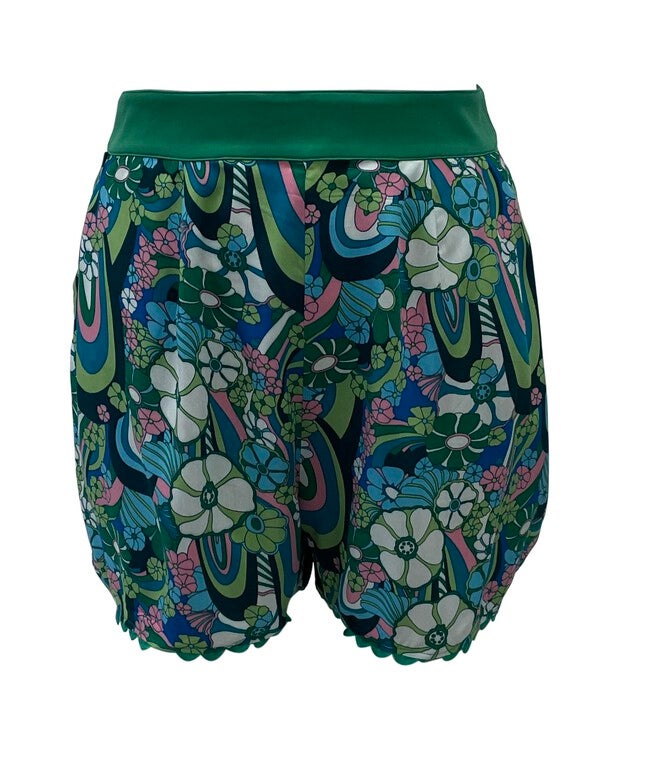 Unique Vintage Teal Psychedelic Floral Scallop Trim Shorts, Blue / Teal, hi-res image number 0