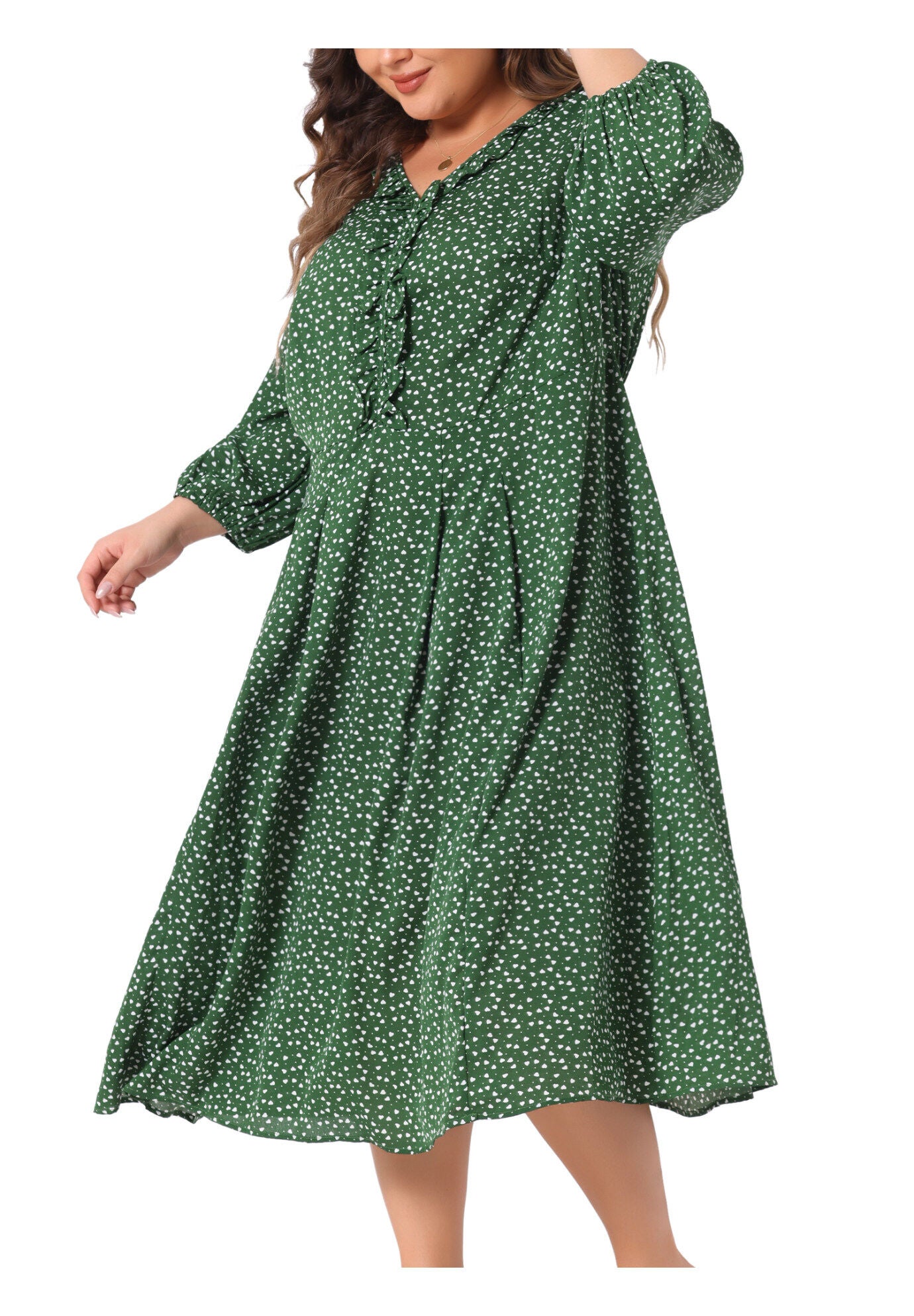 3/4 Sleeve Sweetheart Print Midi Ruffle Dress, Green / Hunter Green, alternate image number 2