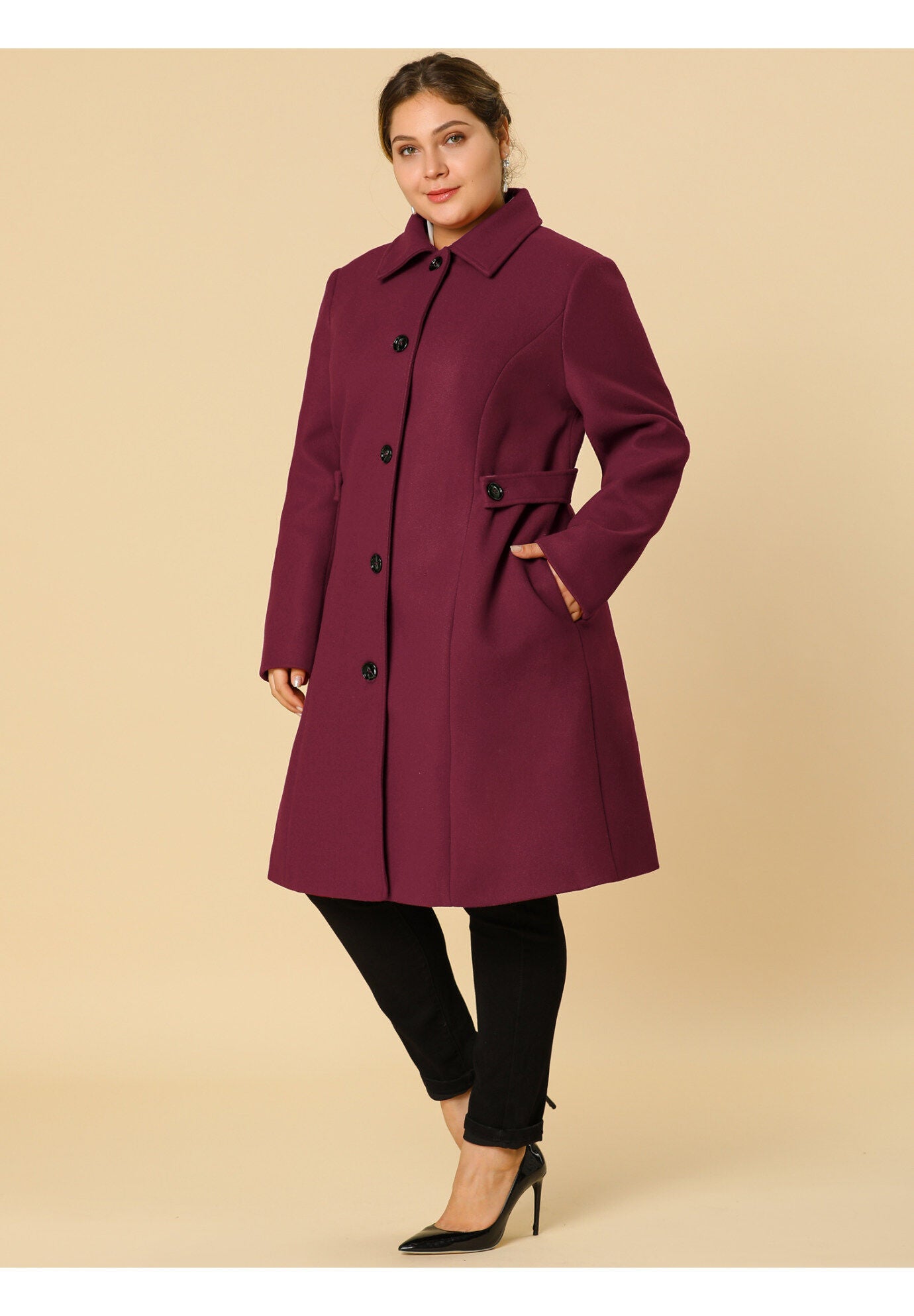 SINGLE BREASTED BELTED WINTER LONG COAT, Burgundy / Red, alternate image number 2