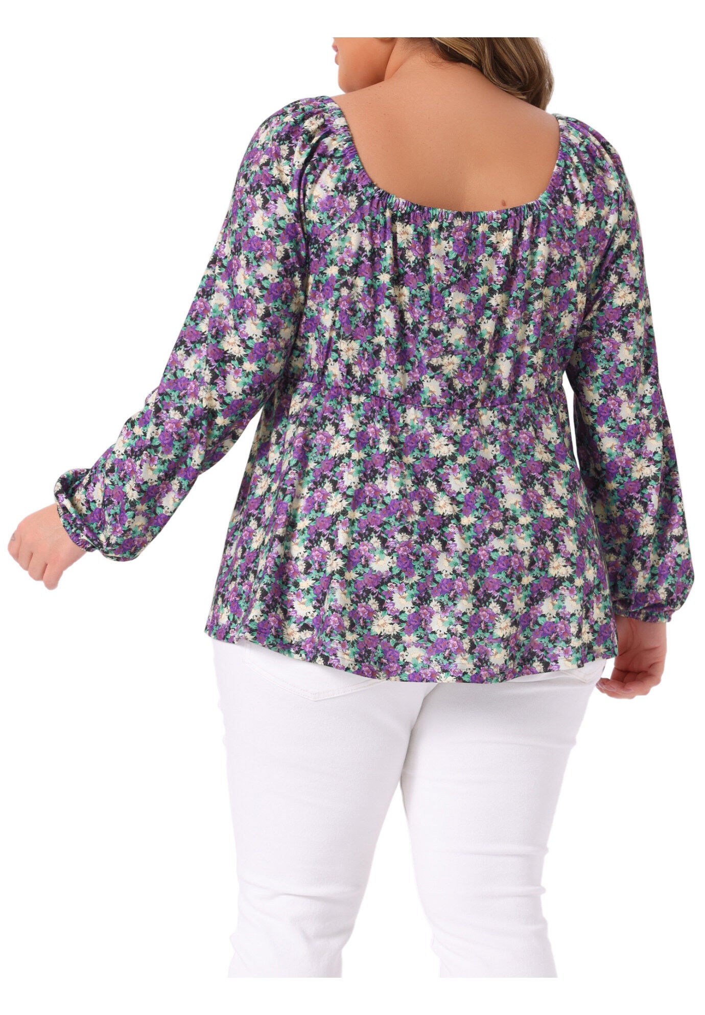 Sweetheart Neckline Long Sleeve Floral Peplum Top, Purple / Purple, alternate image number 3