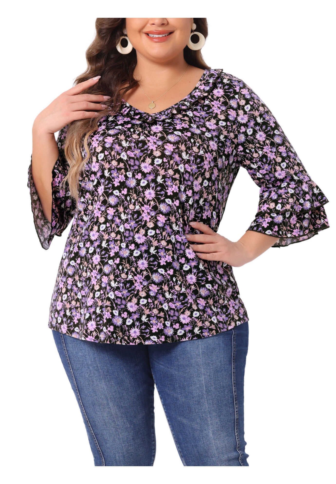 Floral Print V Neck Tiered Ruffle Bell Sleeve Blouse Top, Purple / Purple, alternate image number 3