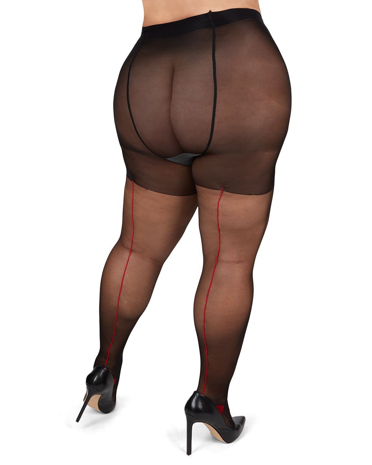 Back Seam/Cuban Heel Plus Size Curvy Control Top Pantyhose, BlackRed / Red, alternate image number 2