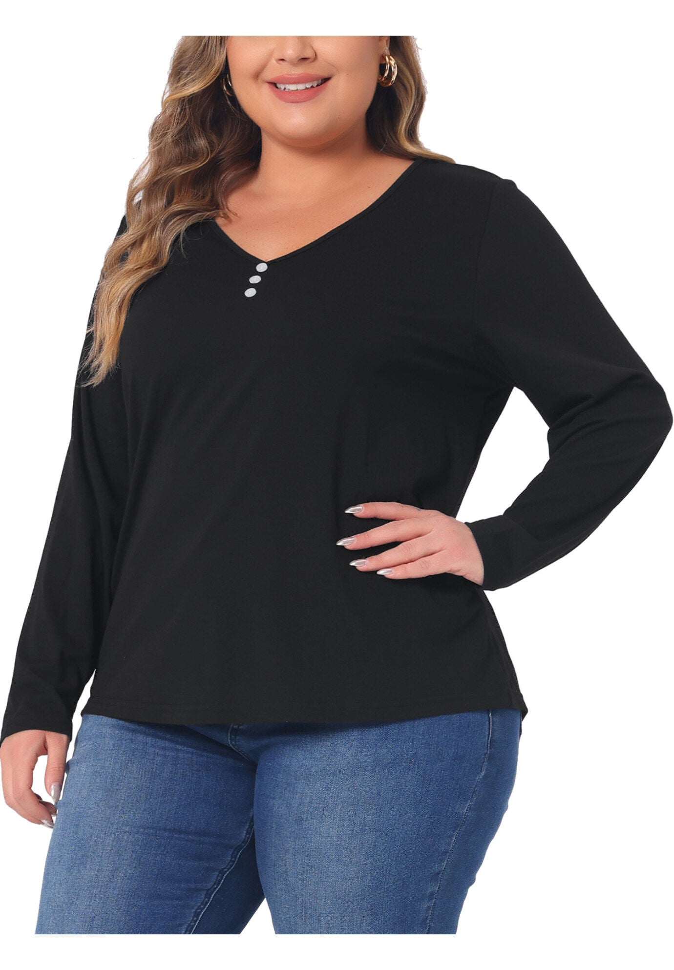 Casual Top Button Front Long Sleeve Tee, Black / Black, alternate image number 1