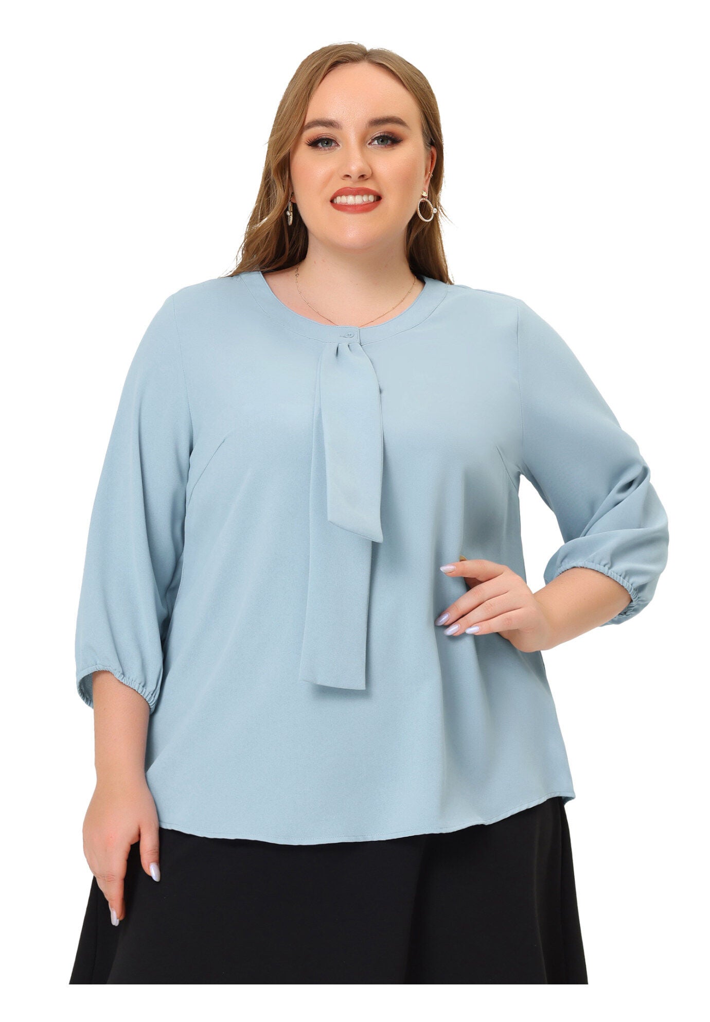 Work Round Neck Ruffle Chiffon Blouse Top, Baby Blue / Light Blue, alternate image number 2