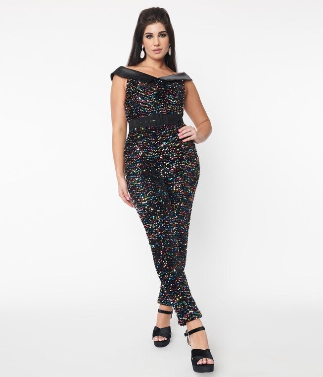 Unique Vintage Black & Rainbow Sequin Gillian Jumpsuit, Black Rainbow Sequin / Black, hi-res image number null