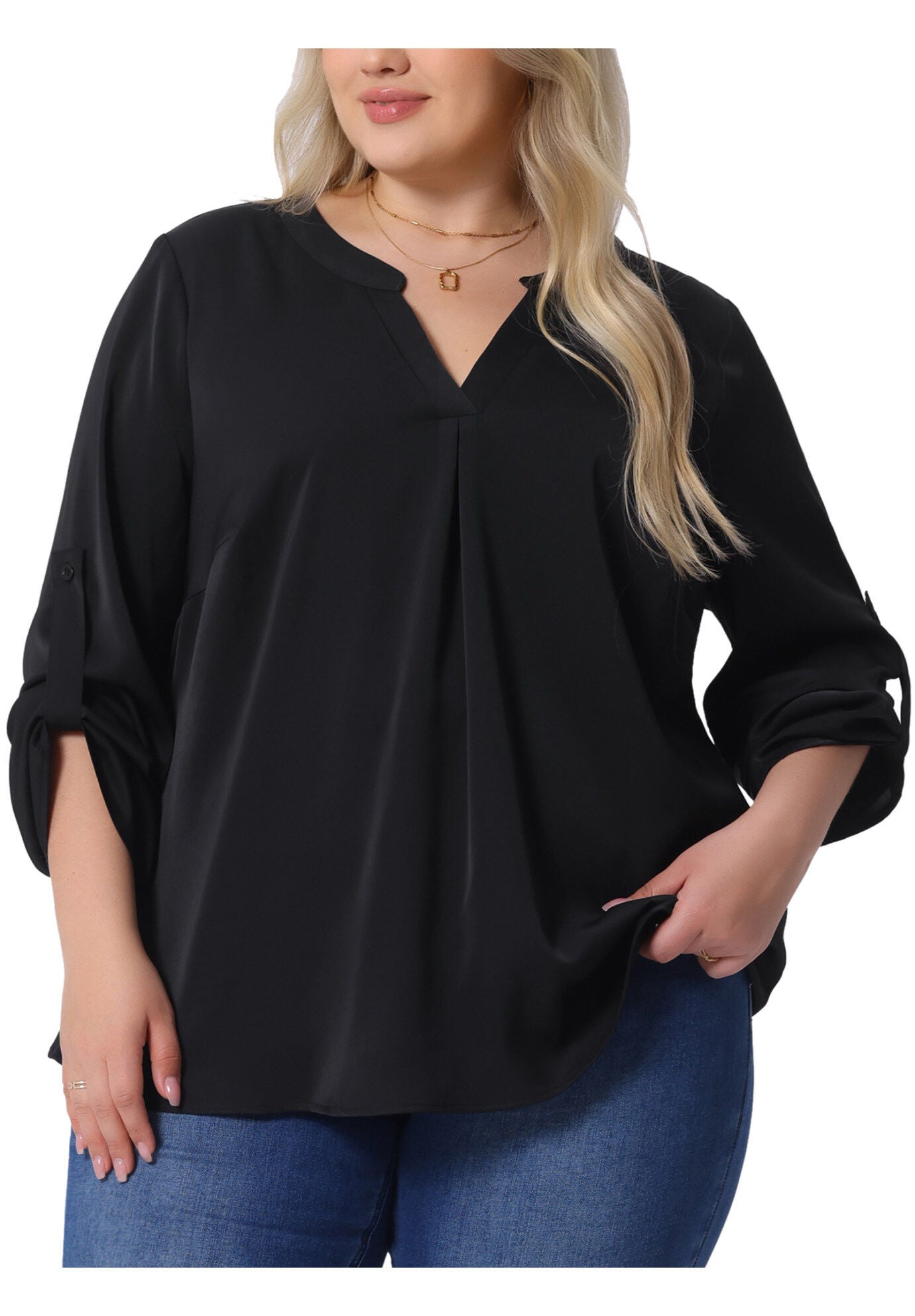 V Neck Rolled Up Sleeves Pleated Back Shirt Chiffon Top, Black / Black, alternate image number 2
