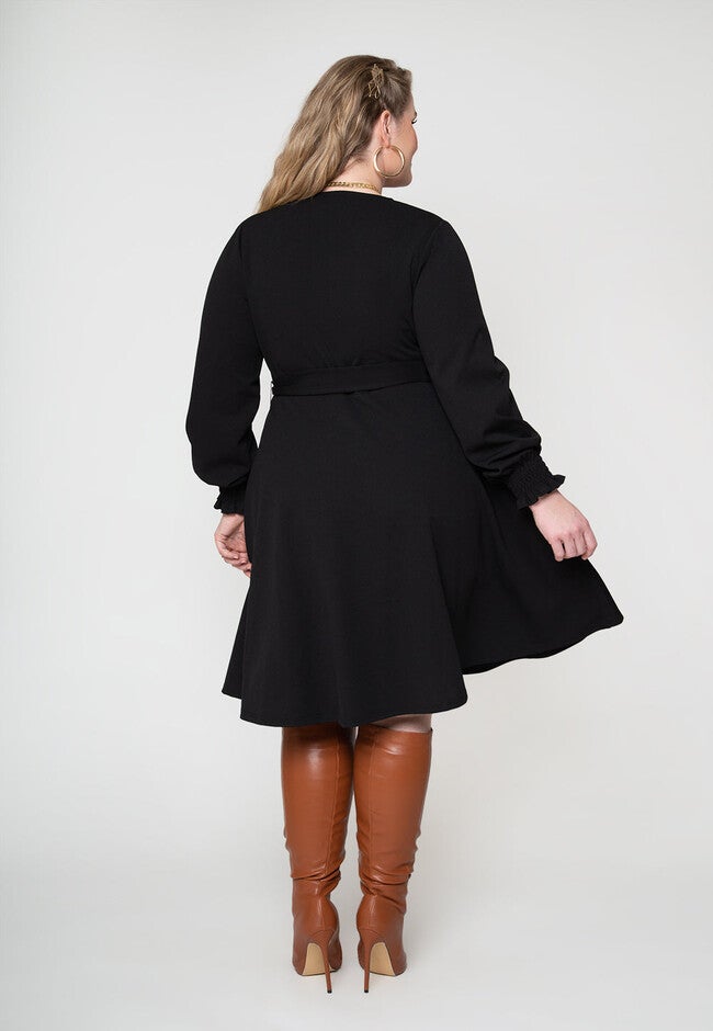 Perfect Wrap Midi with Blouson Sleeve Dress, Black / Black, alternate image number 2