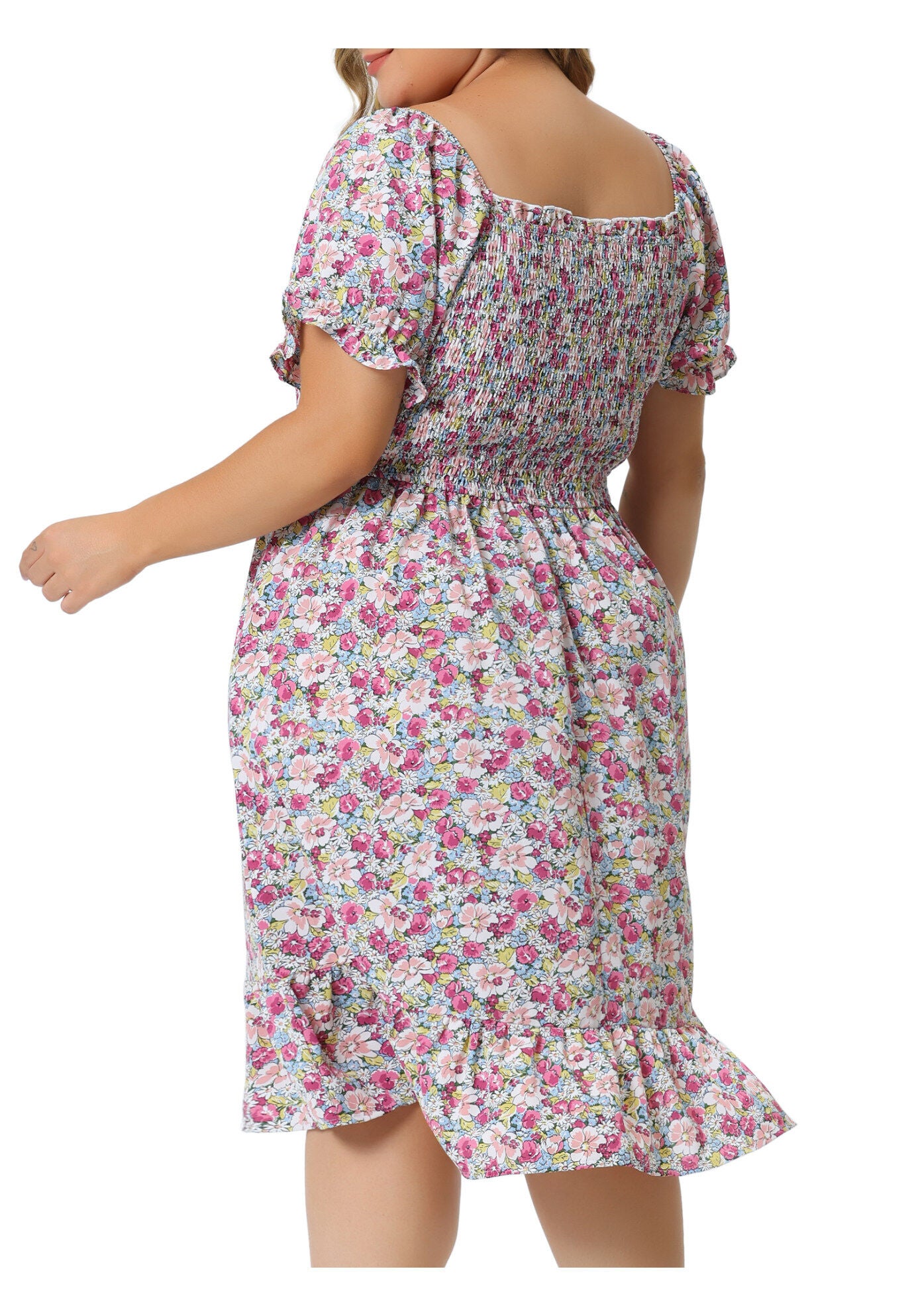 Ruffle Short Sleeve Flared Flowy Smock Floral Print Dress, Pink / Pink, alternate image number 3