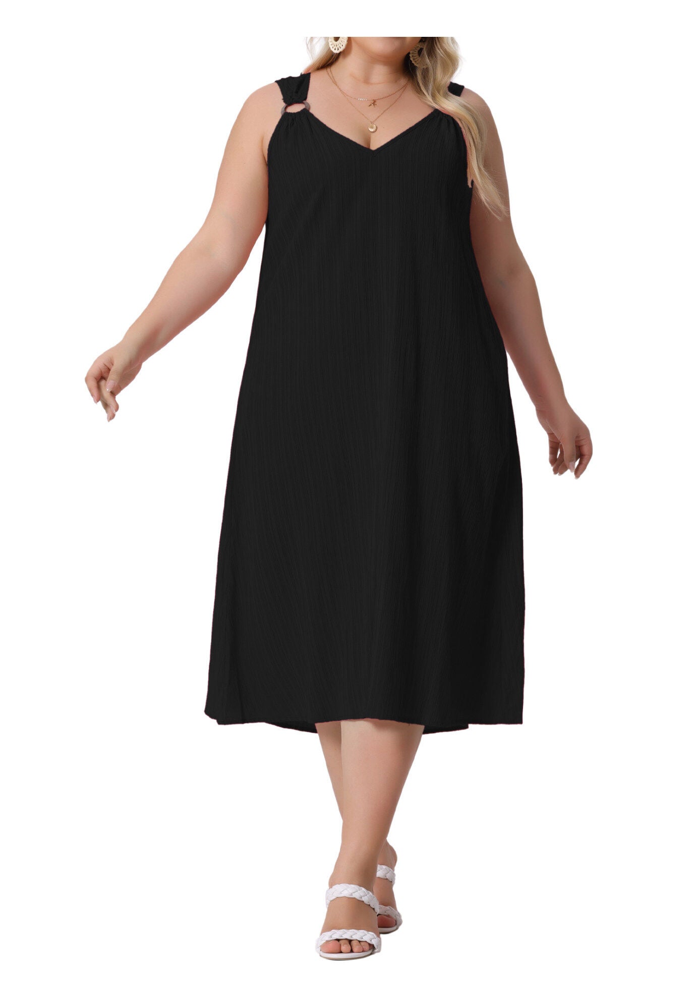 Summer Ring Strap Loose V Neck Sleeveless Sundress, Black / Black, alternate image number 1