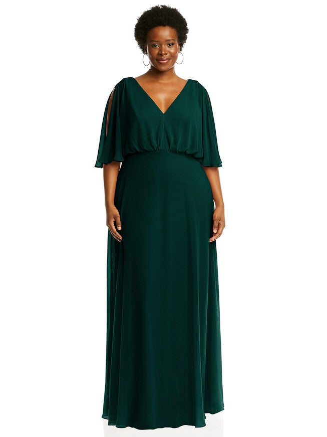 V-Neck Split Sleeve Blouson Bodice Maxi Dress, Evergreen / Hunter Green, hi-res image number 0