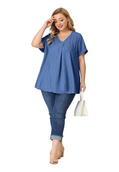 Chambray Pleat Front V Neck Short Sleeve Blouse Top