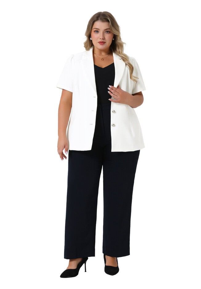 Notched Lapel Short Puff Sleeve Blazer Jackets, White / White, hi-res image number 0