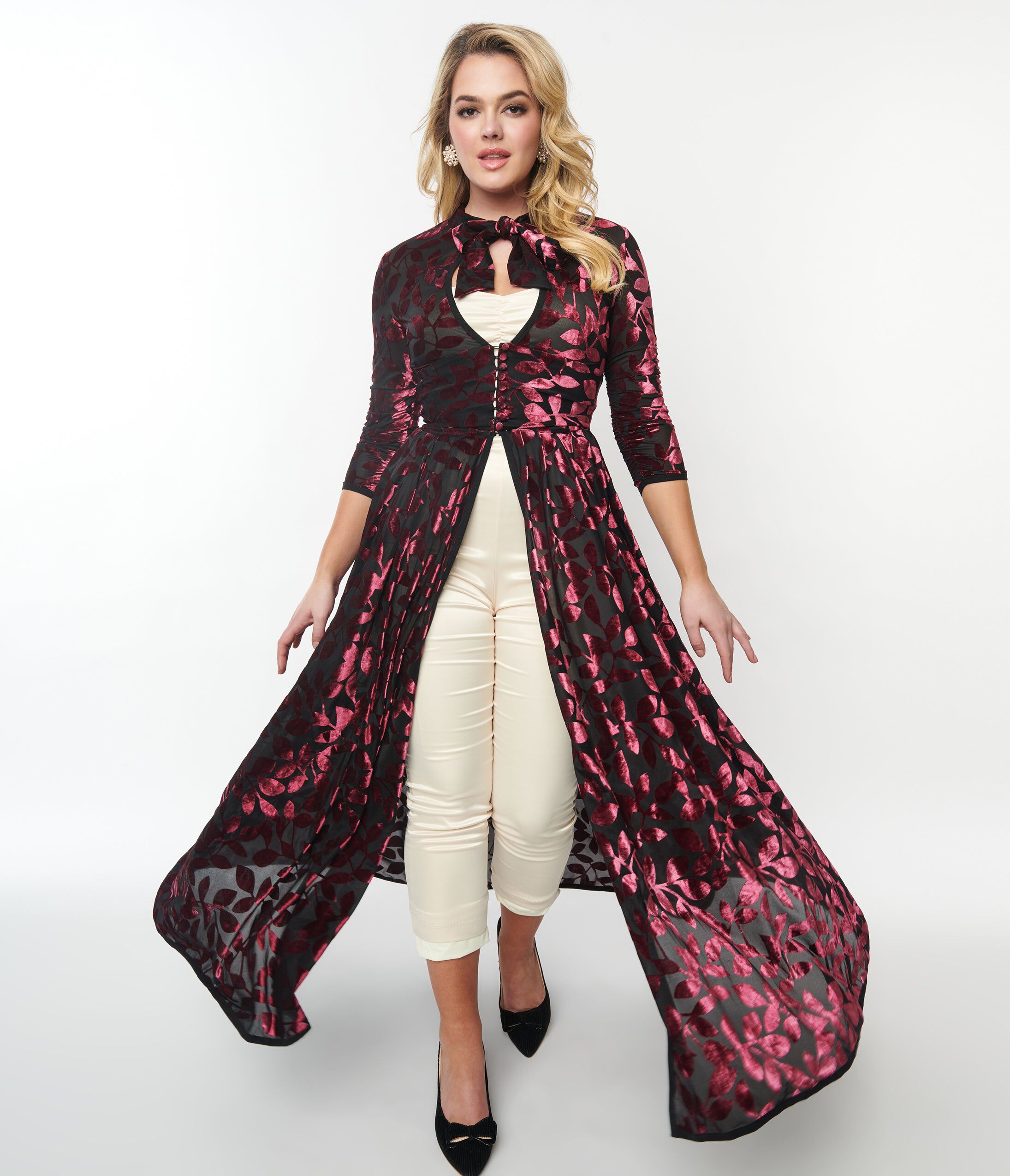 Unique Vintage Burgundy Velvet Burnout Floral Tallullah Duster, Burgundy Floral / Burgundy, alternate image number 3