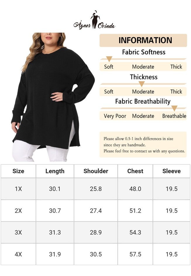 OVERSIZED CREW NECK LONG SLEEVE SLIT HEM KNIT PULLOVER SWEATER, Black / Black, alternate image number null