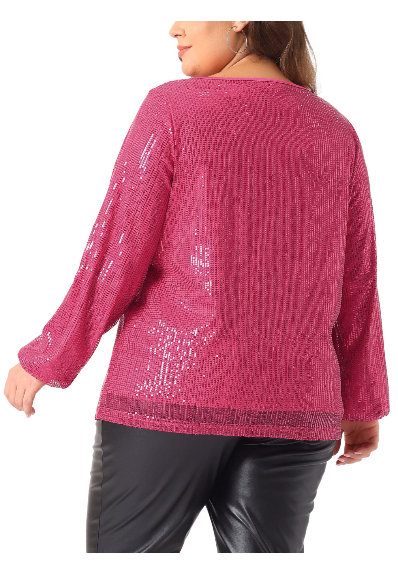 Long Sleeve Glitter Party Sparkly Sequin Top, Hot Pink / Deep Fuchsia, alternate image number 3