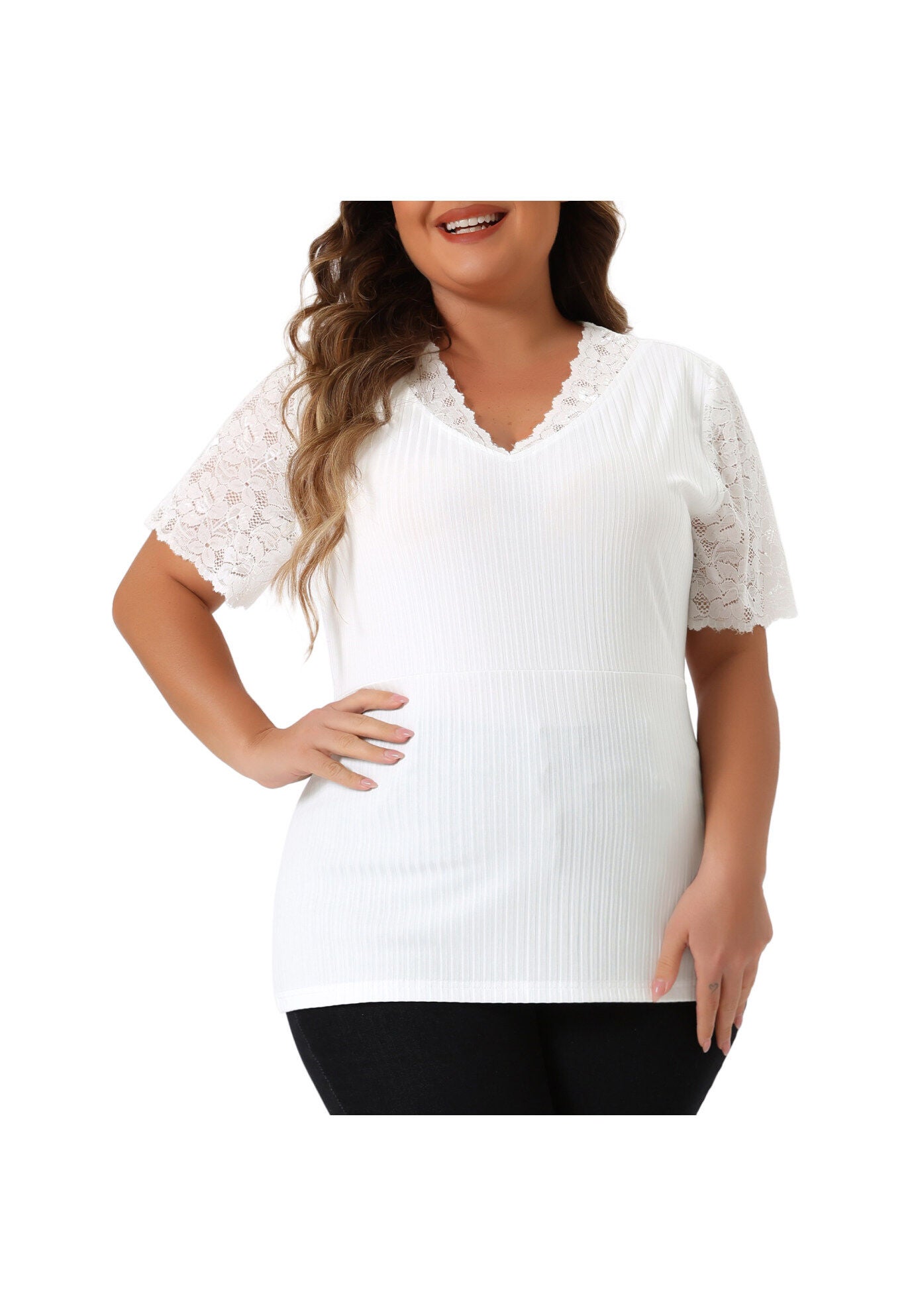V Neck Short Sleeve Lace Ribbed Knit Tunic Top, White / White, alternate image number 2