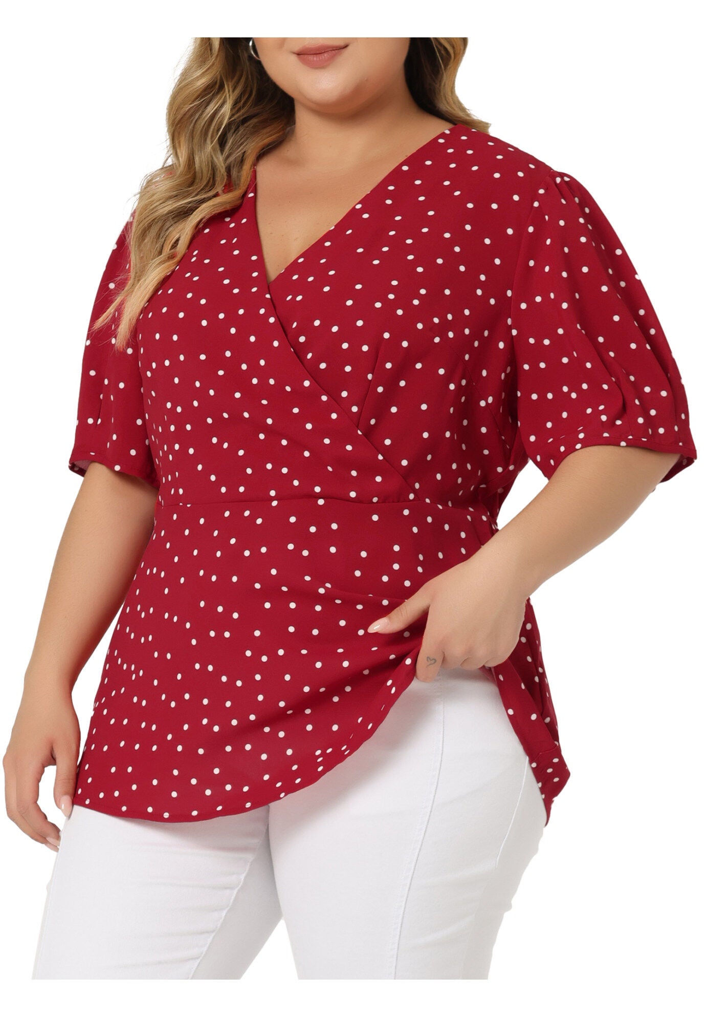 Summer V Neck Wrap Short Sleeve Polka Dots Peplum Top, Red / Red, alternate image number 3