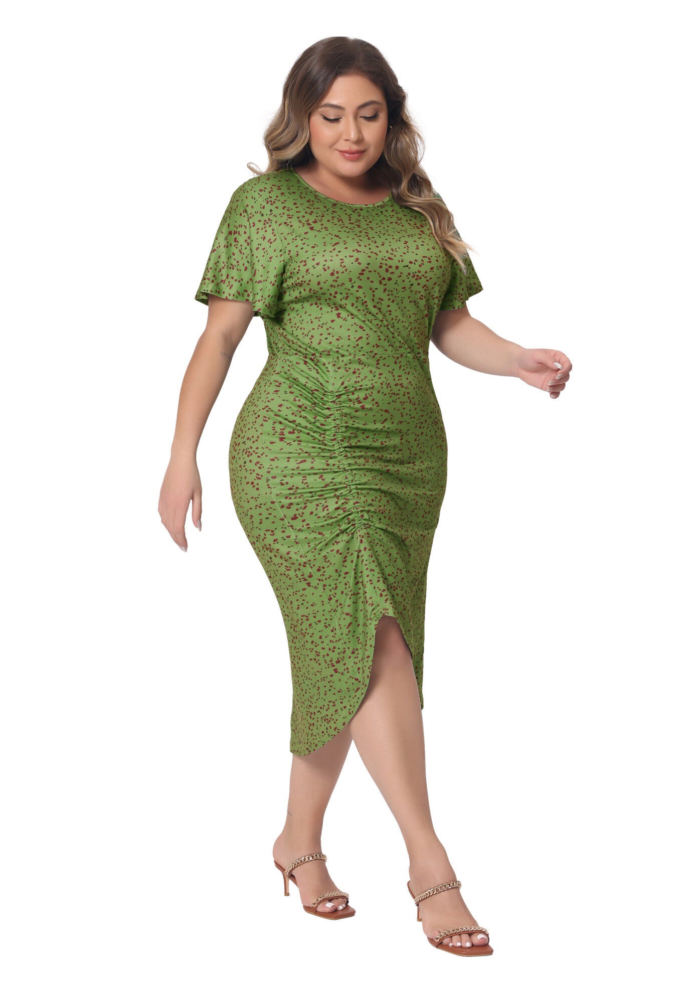Polka Dots Ruched Round Neck Short Sleeve Wedding Cocktail Bodycon Dress, Green / Forest Green, hi-res image number 0