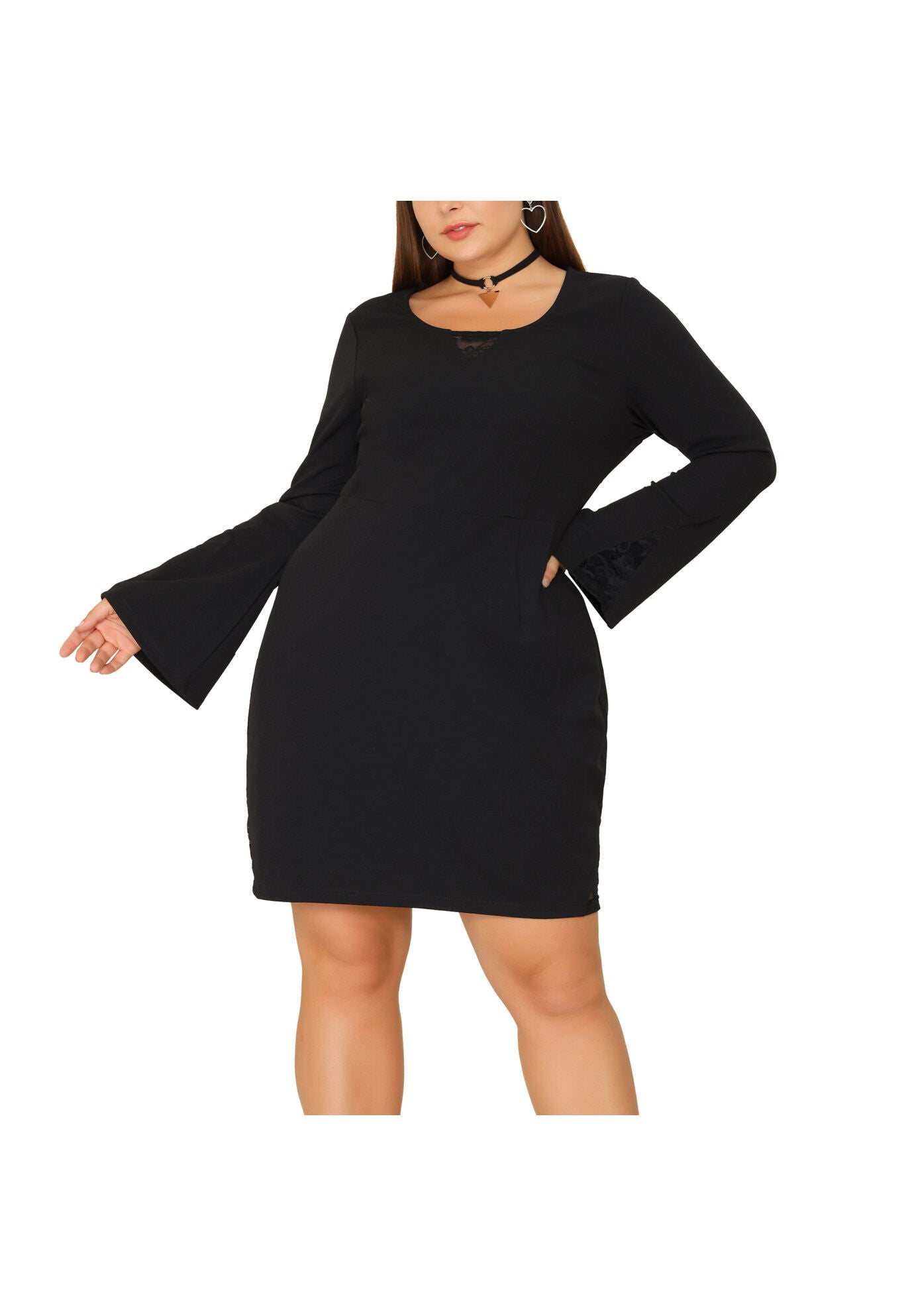 Lace Panel Bodycon Bell Sleeve Cocktail Dress, Black / Black, alternate image number 2