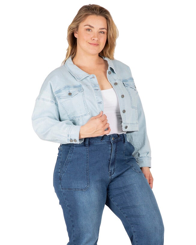 Phoenix Plus Size Easy Fit Denim Cropped Trucker Jacket, Bleach Blue / Light Wash, alternate image number 3