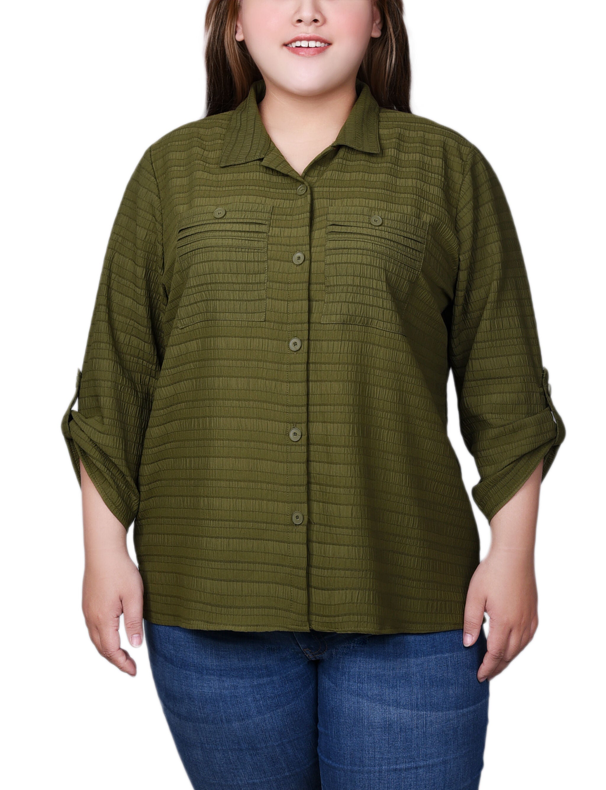 3/4 Sleeve Woven Jacquard Blouse, Olive, hi-res image number 0
