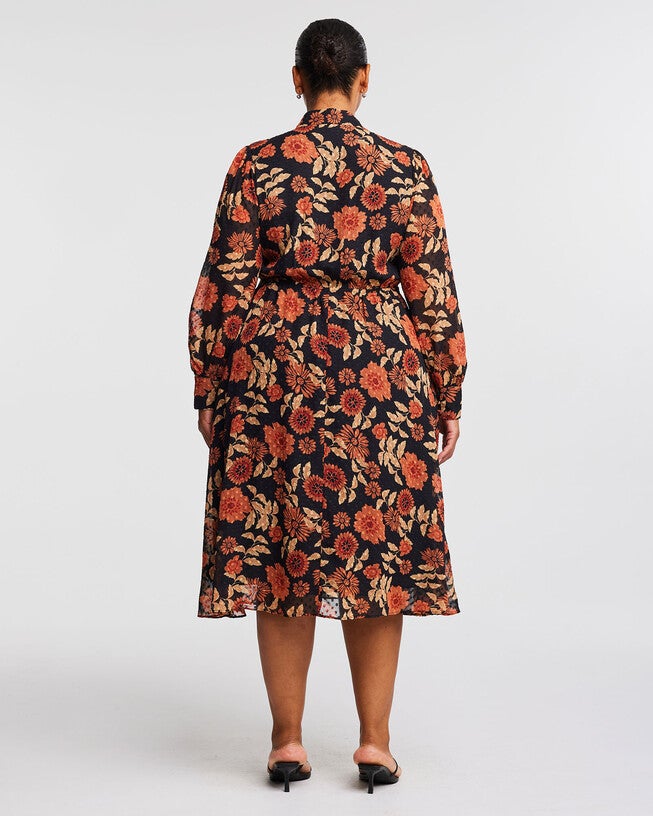 Autumnal Floral Midi Dress with Neck-Tie, Print / Orange, alternate image number 3