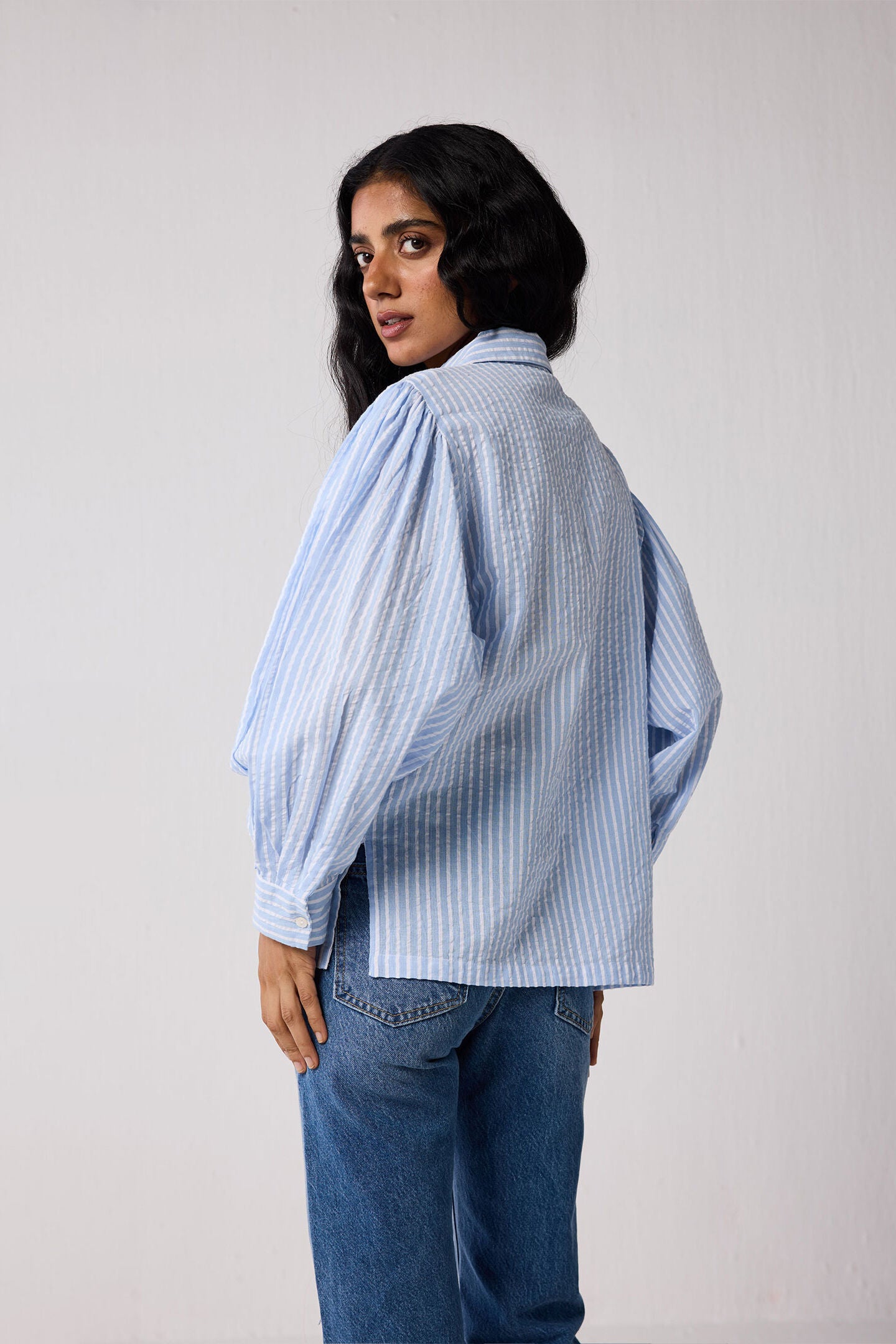 Striped Shirt with Long Balloon Sleeves in Blue, Cloudline / Light Blue, alternate image number 1