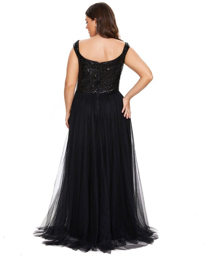 Sequin Off the Shoulder Maxi Tulle Evening Dress, Black / Black, alternate image number 1