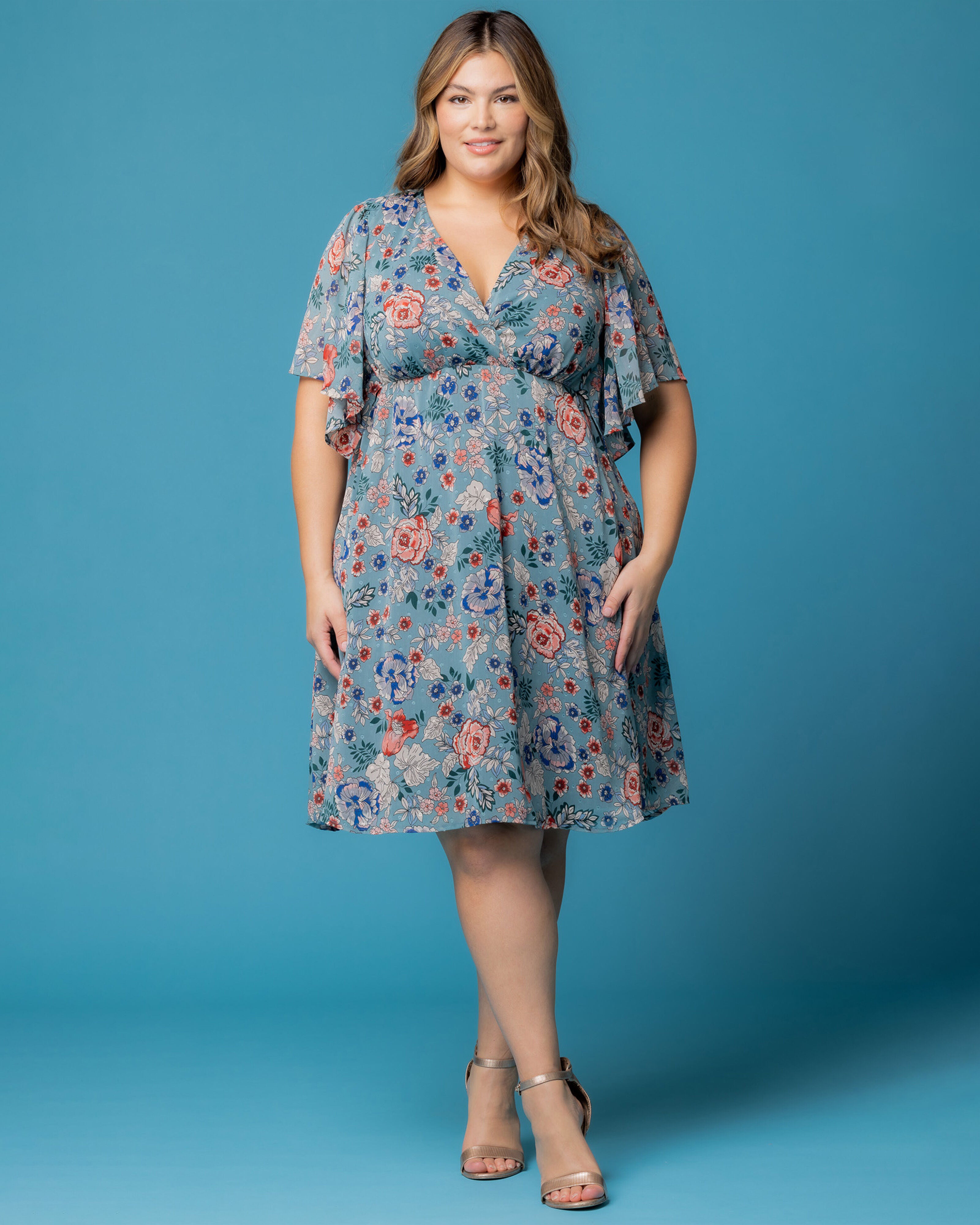 Florence Flutter Sleeve Dress, BLUE GARDEN PRINT / Azure Blue, alternate image number 4