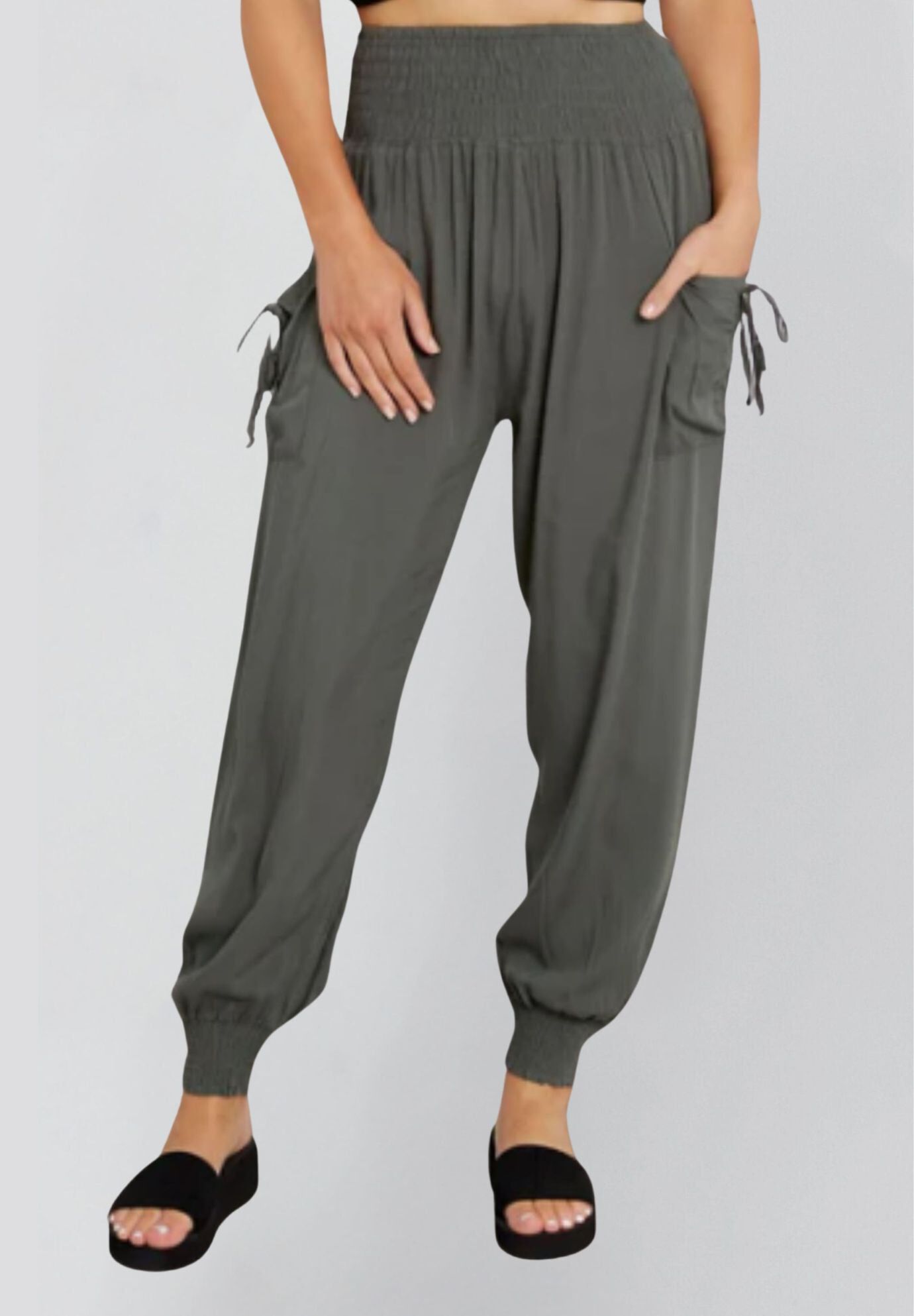 Annick - Nadine Harem Pants Solid Smocked Waist Pockets Side Ties, Green / Olive Green, hi-res image number 0