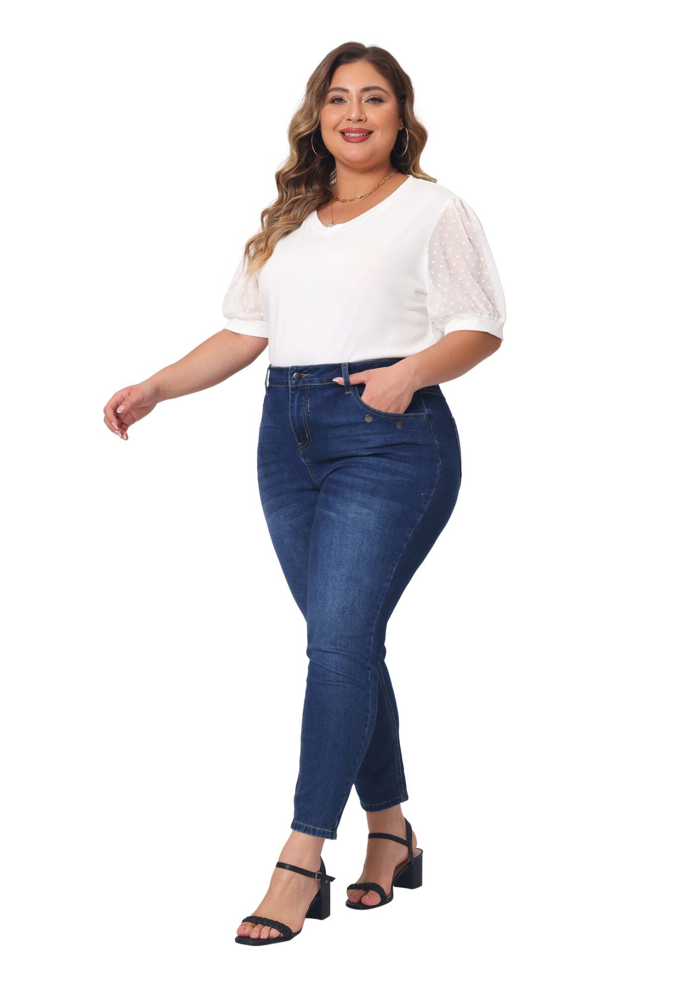 V Neck Swiss Dots Puff Sleeve Loose Top, White / White, hi-res image number 0