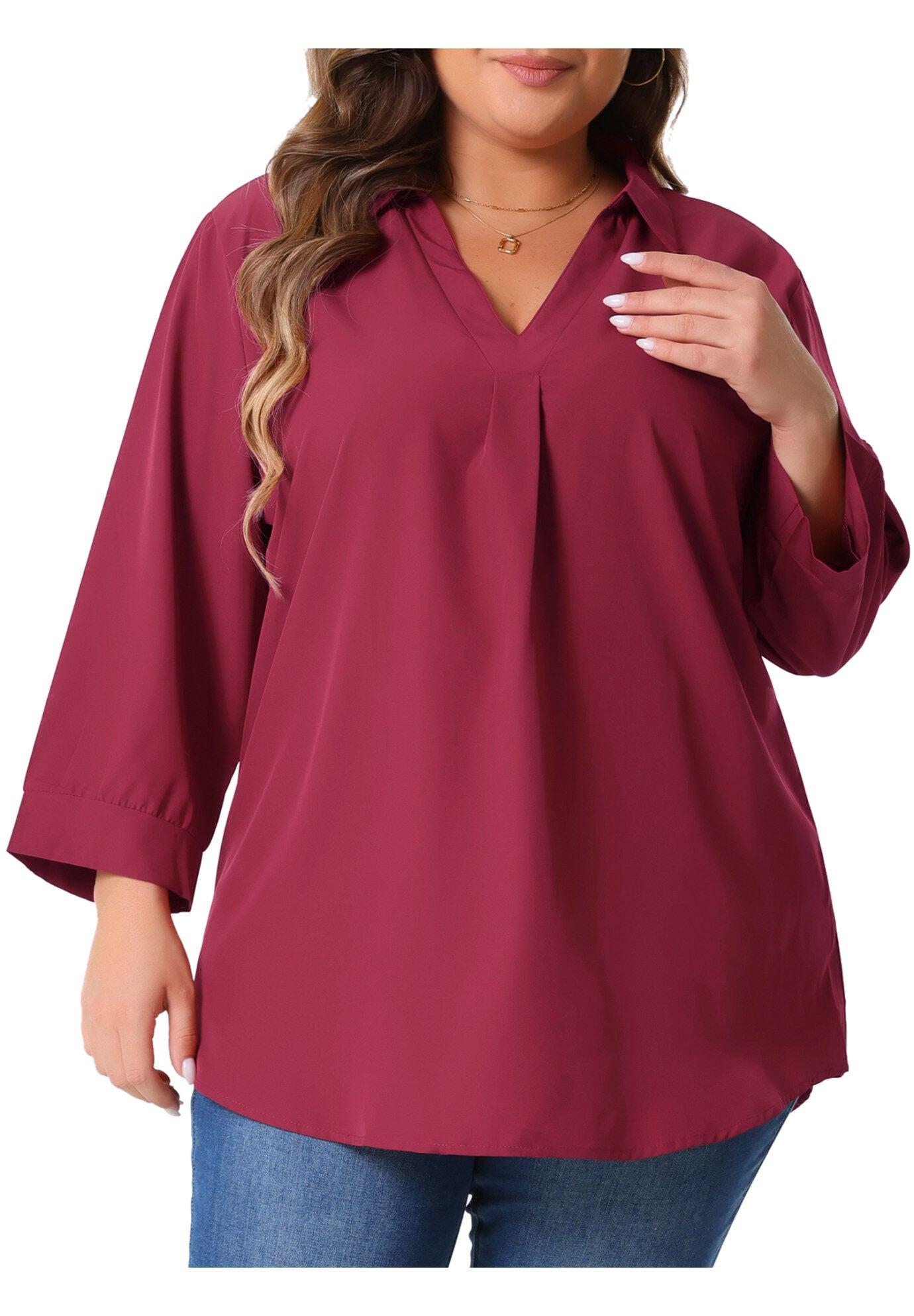 V Neck 3/4 Sleeve Flowy Blouse Work Chiffon Shirt, Burgundy / Burgundy, alternate image number 2