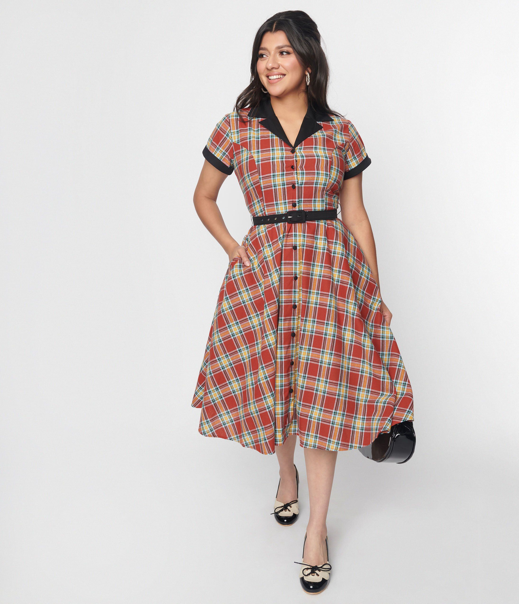 Unique Vintage Red Plaid & Black Contrast Alexis Swing Dress, RedPlaid / Red, hi-res image number 0